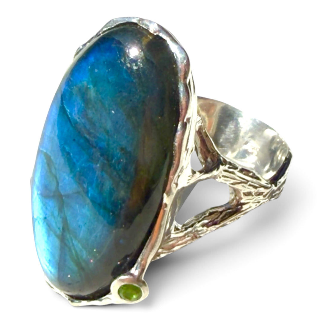 Labradorite  &amp; Peridot Sterling Silver White Gold Ring
