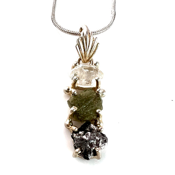 Campo de Cielo Meteorite, Moldavite & Herkimer Sterling Silver Stacked Pendant