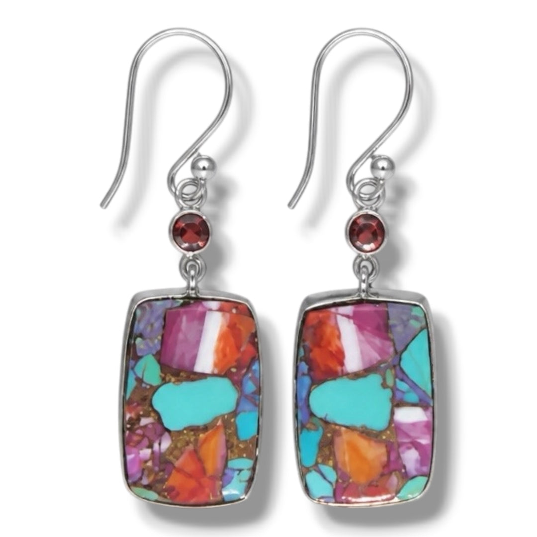 Kingman Dahlia Turquoise &amp; Garnet Sterling Silver Rectangular Earrings