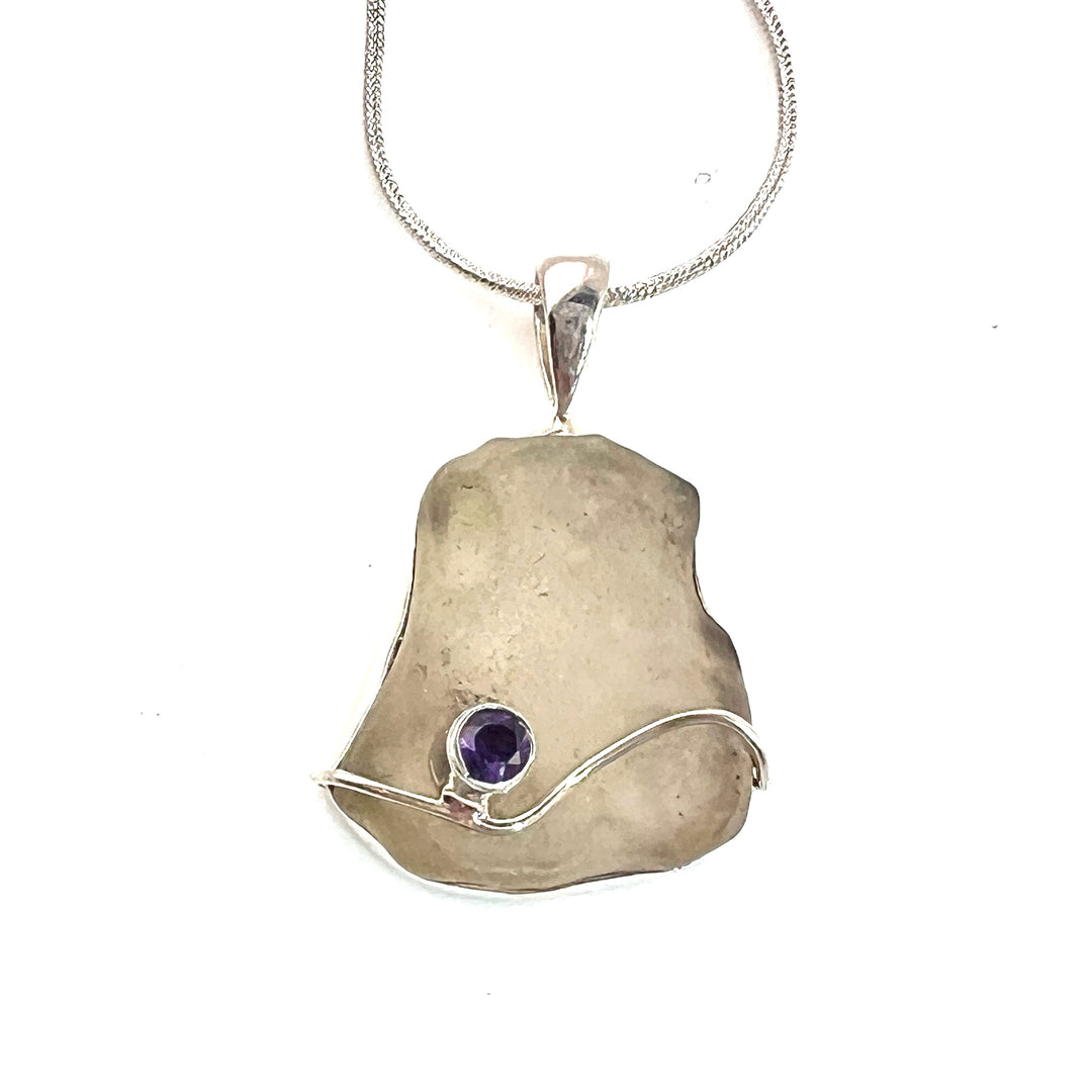 Spectacular Libyan Desert Glass Meteorite &amp; Anethyst Sterling Silver Pendant - Keja Designs Jewelry