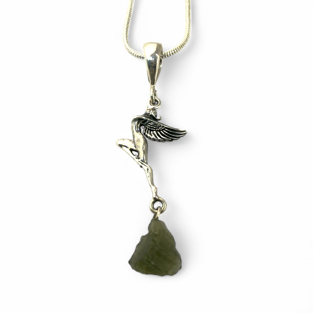 Moldavite Sterling Silver Winged Goddess Pendant - Keja Designs Jewelry