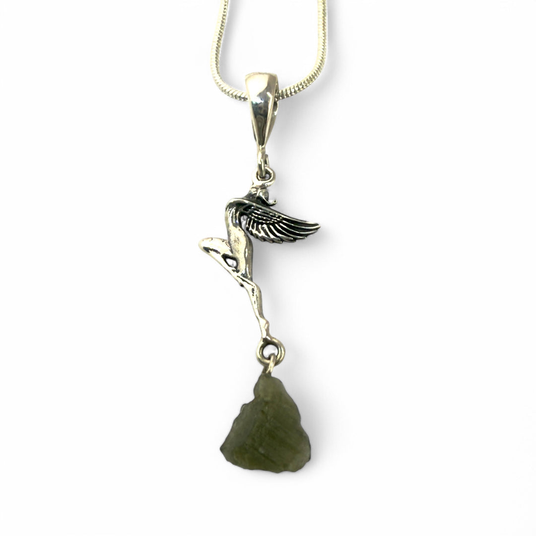 Moldavite Sterling Silver Winged Goddess Pendant - Keja Designs Jewelry