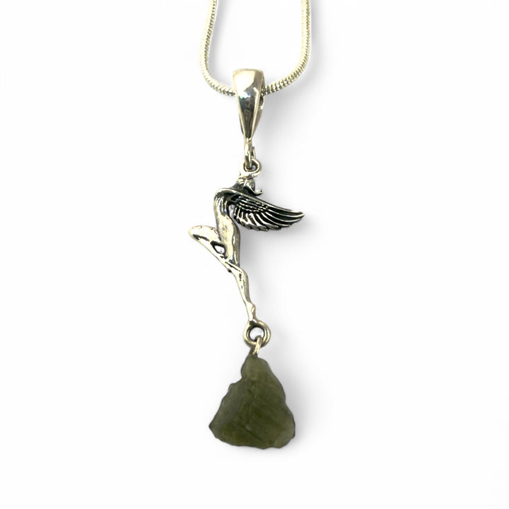 Moldavite Sterling Silver Winged Goddess Pendant - Keja Designs Jewelry