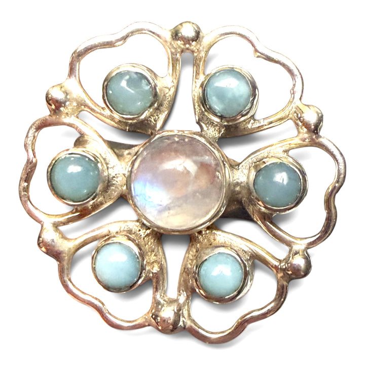 Larimar &amp; Moonstone Sterling Silver Floral Ring