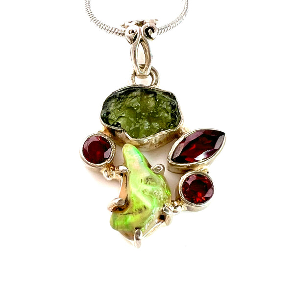 Moldavite Rough, Ethiopian Opal Rough & Garnet Sterling Silver Pendant