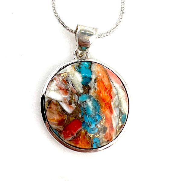 Spiny Oyster Turquoise Sterling Silver Round Pendant - Keja Designs Jewelry