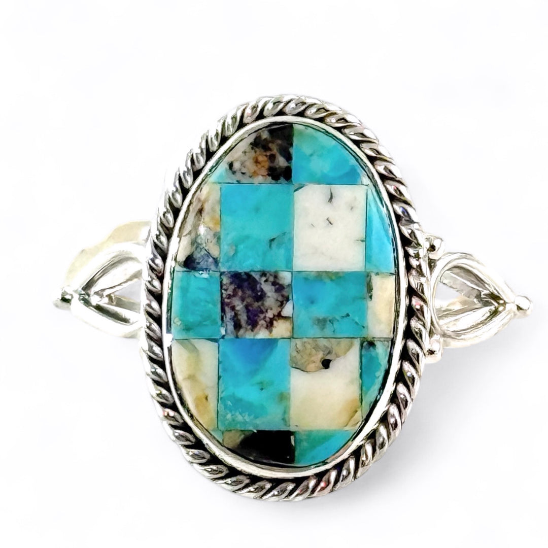 Turquoise & White Buffalo Checkerboard Sterling Silver Ring - Keja Designs Jewelry