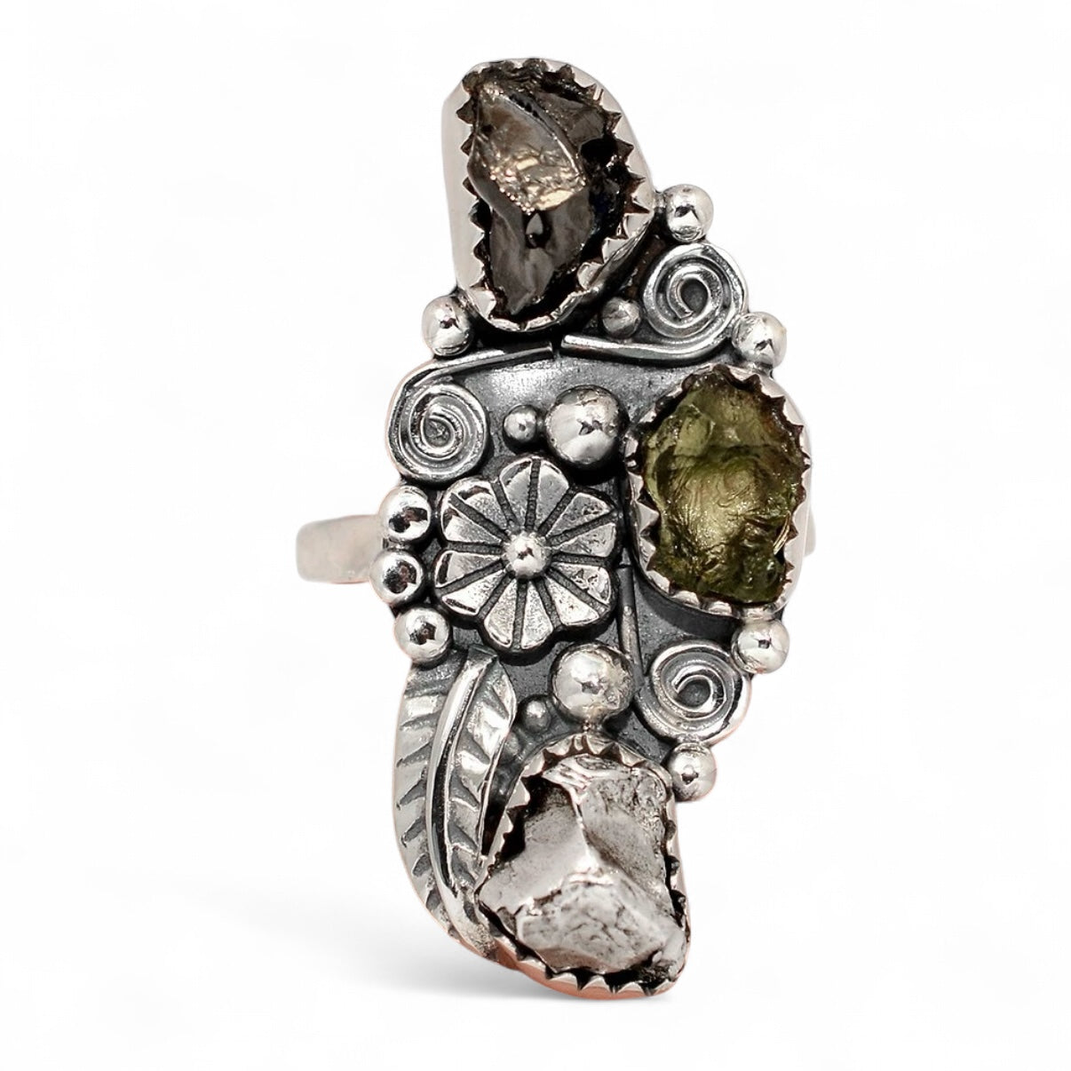 Moldavite, Campo de Cielo Meteorites, & Elite Shungite Sterling Silver Ring