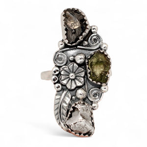 Moldavite, Campo de Cielo Meteorites, & Elite Shungite Sterling Silver Ring