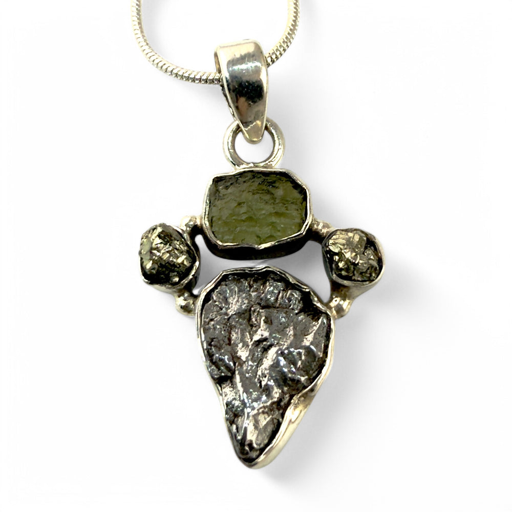 Campo de Cielo, Moldavite and Pyrite Duo Sterling Silver Pendant - Keja Designs Jewelry