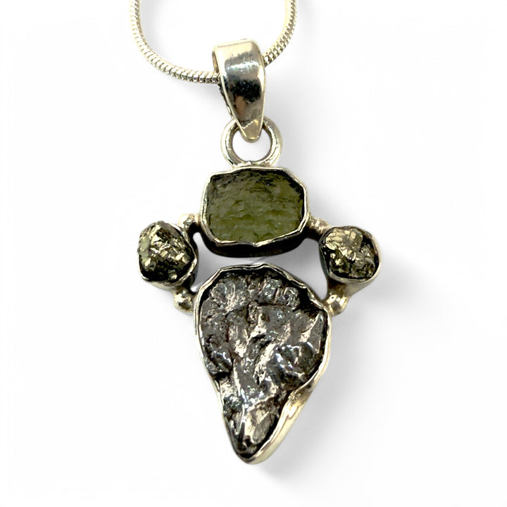 Campo de Cielo, Moldavite and Pyrite Duo Sterling Silver Pendant - Keja Designs Jewelry
