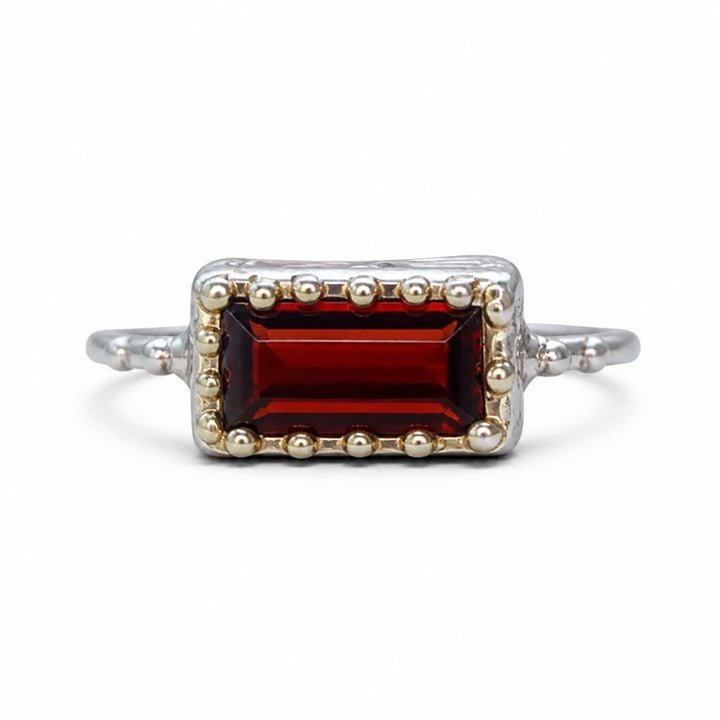 Garnet East / West Sterling Silver, White Gold and Gold Plated Ring