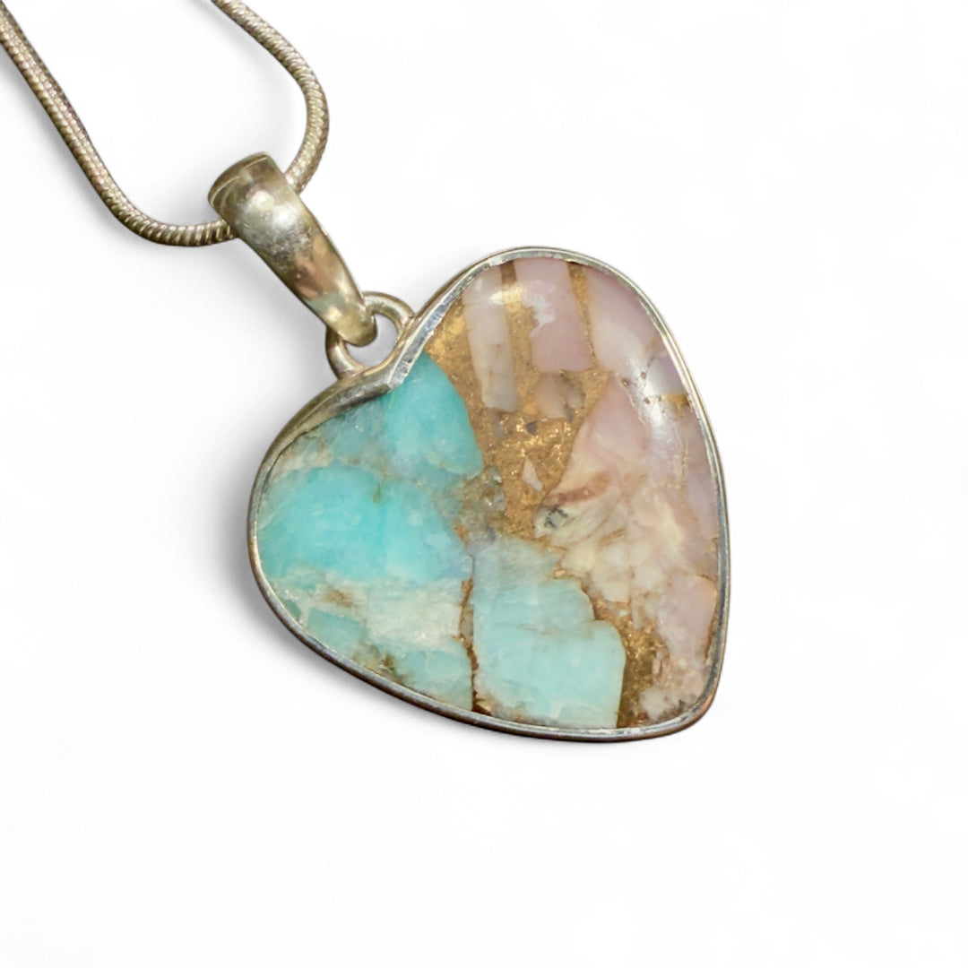 Amazonite with Pink Opal Sterling Silver Heart Pendant - Keja Designs Jewelry