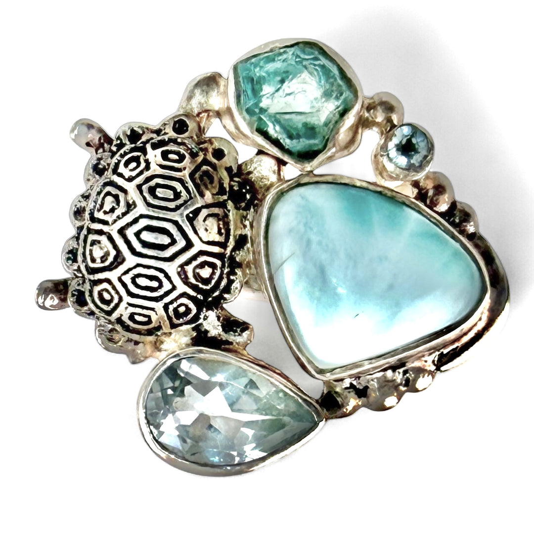 Larimar, Blue Topaz & Aquamarine Sterling Silver Turtle Ring - Keja Designs Jewelry
