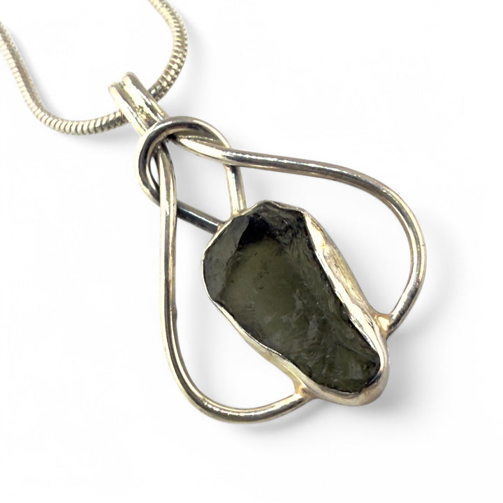 Moldavite Sterling Silver Knot Pendant - Keja Designs Jewelry