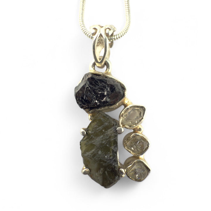 Moldavite Meteorite, Elite Shungite &amp; Herkimer Diamond Sterling Silver Pendant - Keja Designs Jewelry