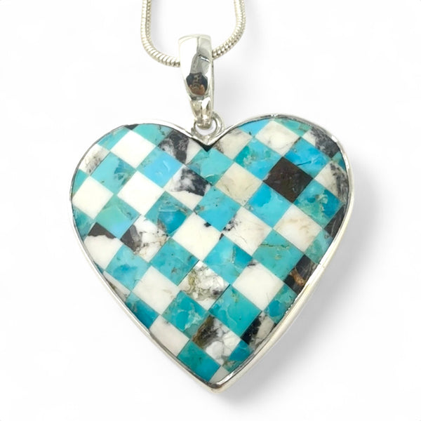 Turquoise & White Buffalo Checkerboard Sterling Silver Heart Pendant - Keja Designs Jewelry