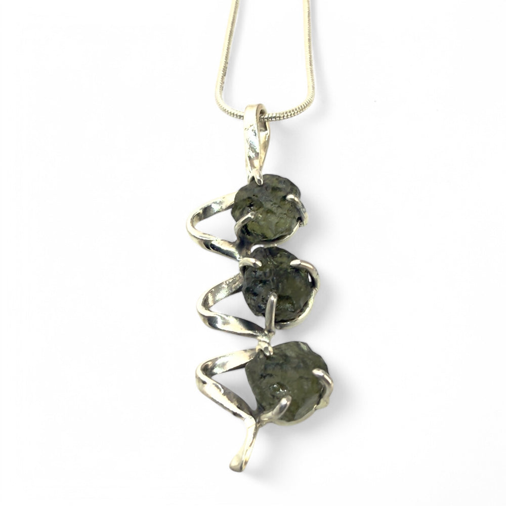 Moldavite Rough Sterling Silver Ribbon Pendant - Keja Designs Jewelry