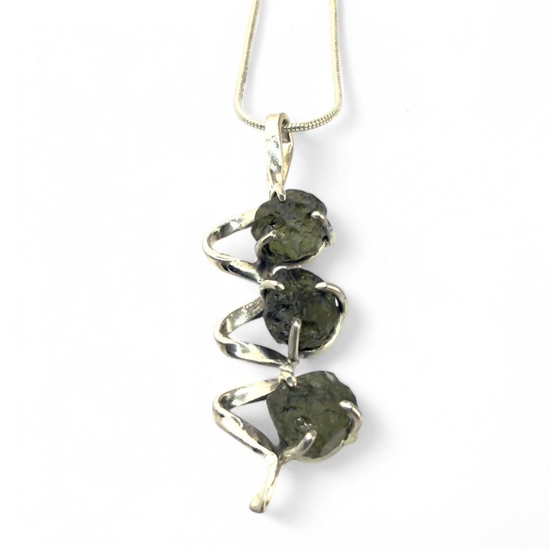 Moldavite Rough Sterling Silver Ribbon Pendant - Keja Designs Jewelry