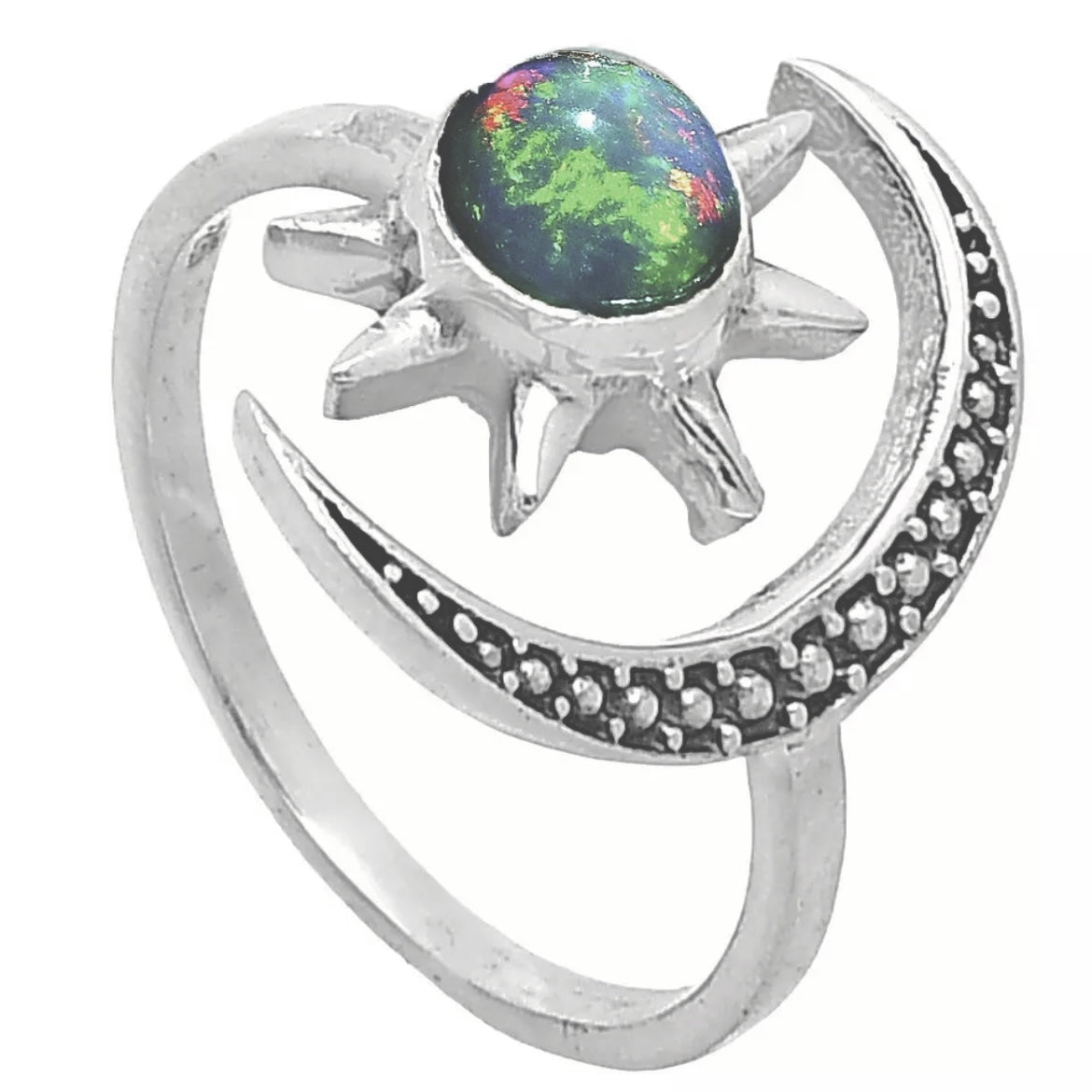 Crescent Moon & Star Opal Sterling Silver Adjustable Ring