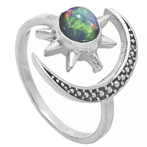 Crescent Moon & Star Opal Sterling Silver Adjustable Ring