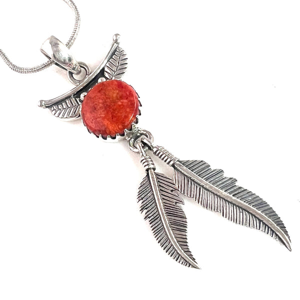 Coral Sterling Silver Feather Pendant