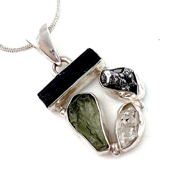 Campo de Cielo, Moldavite, Herkimer & Tourmaline Sterling Silver Pendant