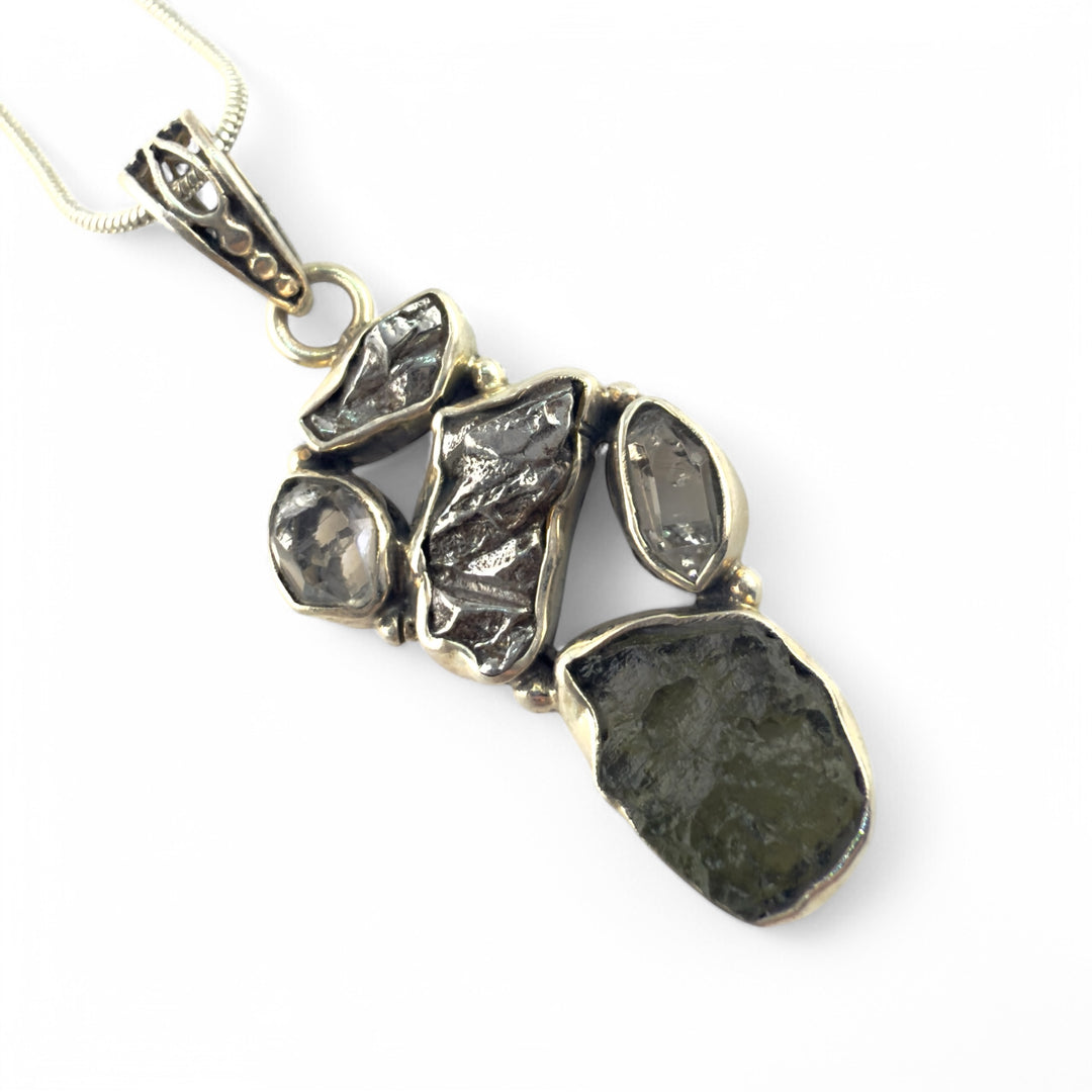 Moldavite Meteorite, Campo de Cielo Meteorite, & Herkimer Diamond Sterling Silver Cluster Pendant - Keja Designs Jewelry