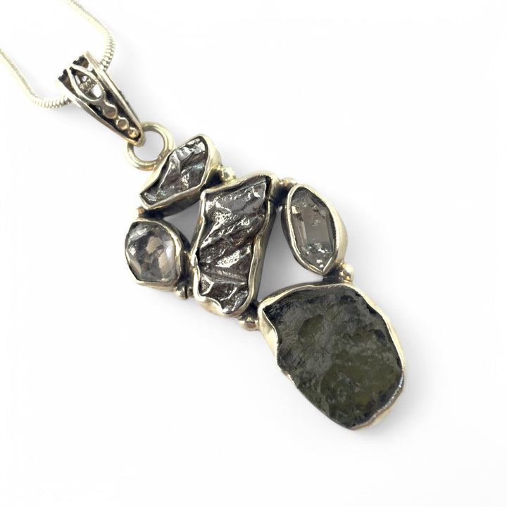 Moldavite Meteorite, Campo de Cielo Meteorite, &amp; Herkimer Diamond Sterling Silver Cluster Pendant - Keja Designs Jewelry