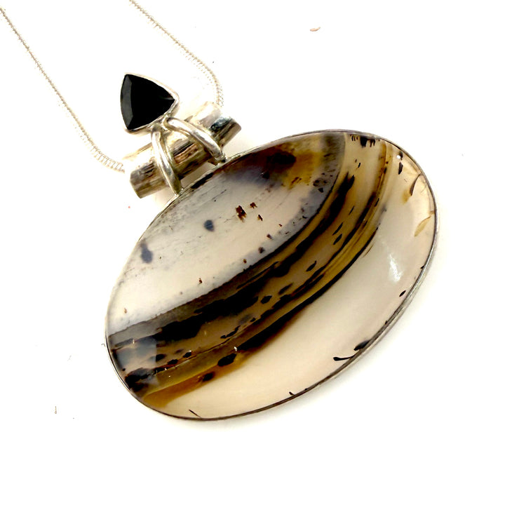 Montana Agate &amp; Black Onyx Sterling Silver East West Oval Pendant - Keja Designs Jewelry