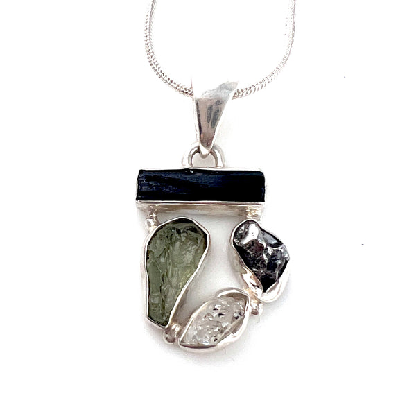 Campo de Cielo, Moldavite, Herkimer & Tourmaline Sterling Silver Pendant