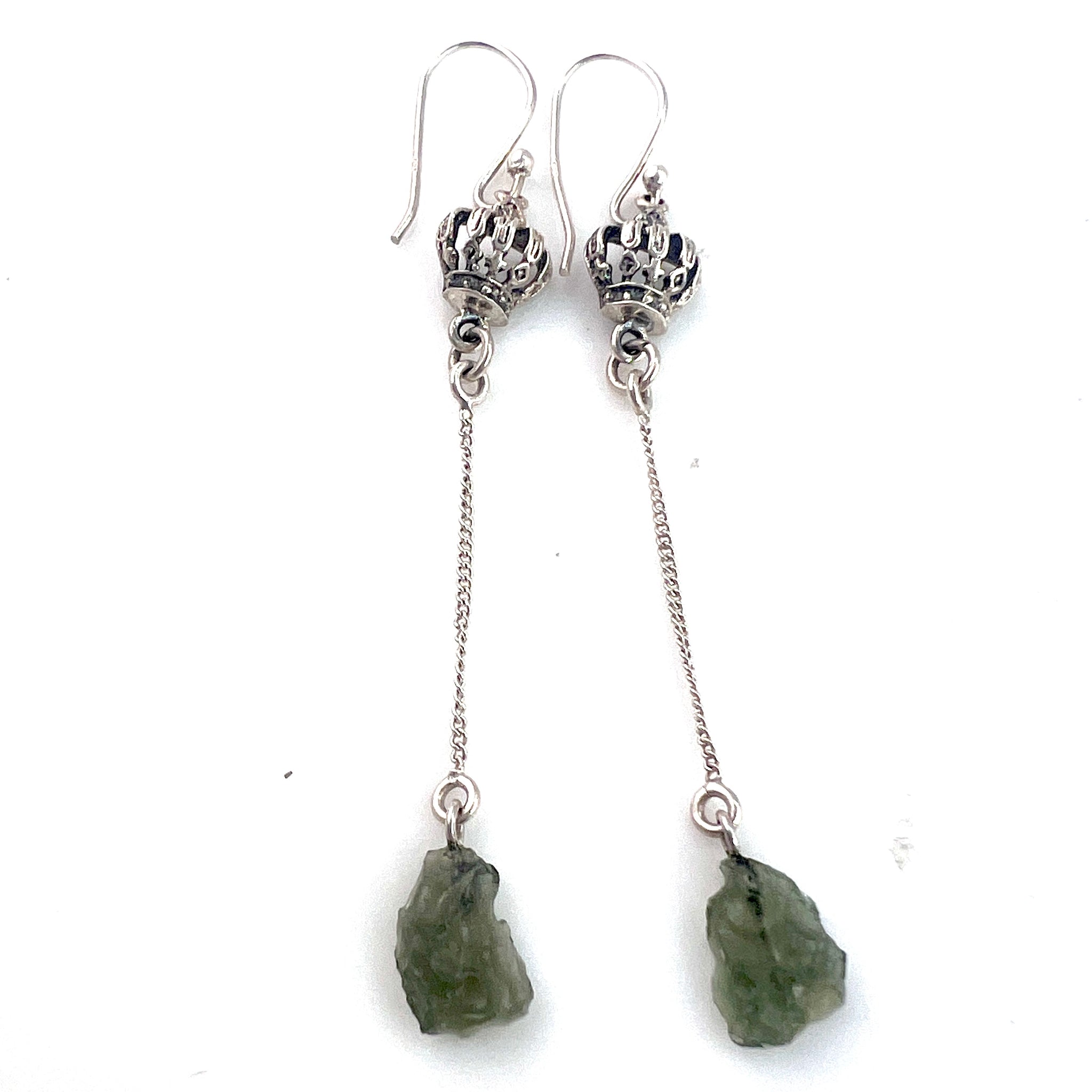 Moldavite Rough Sterling Silver "Crown" Earrings