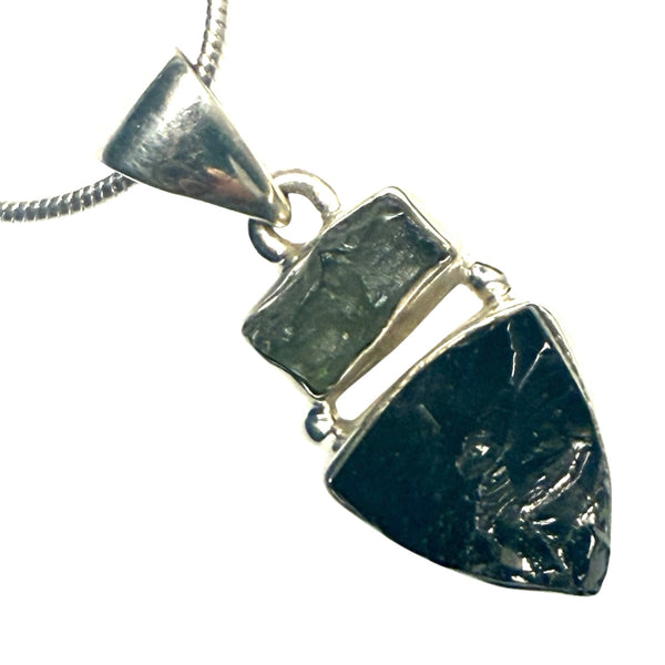 Moldavite Meteorite & Elite Shungite Trillion Sterling Silver Point Pendant