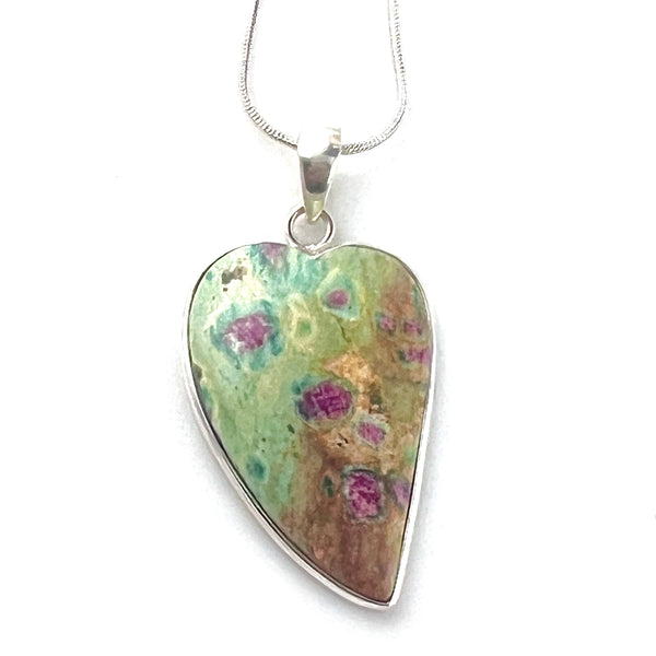 Ruby In Fuchsite Sterling Silver Elongated Heart Pendant - Keja Designs Jewelry
