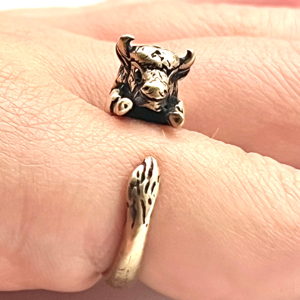Animal Wrap Ring - Buffalo- Yellow Bronze - Adjustable Ring - Keja Designs Jewelry