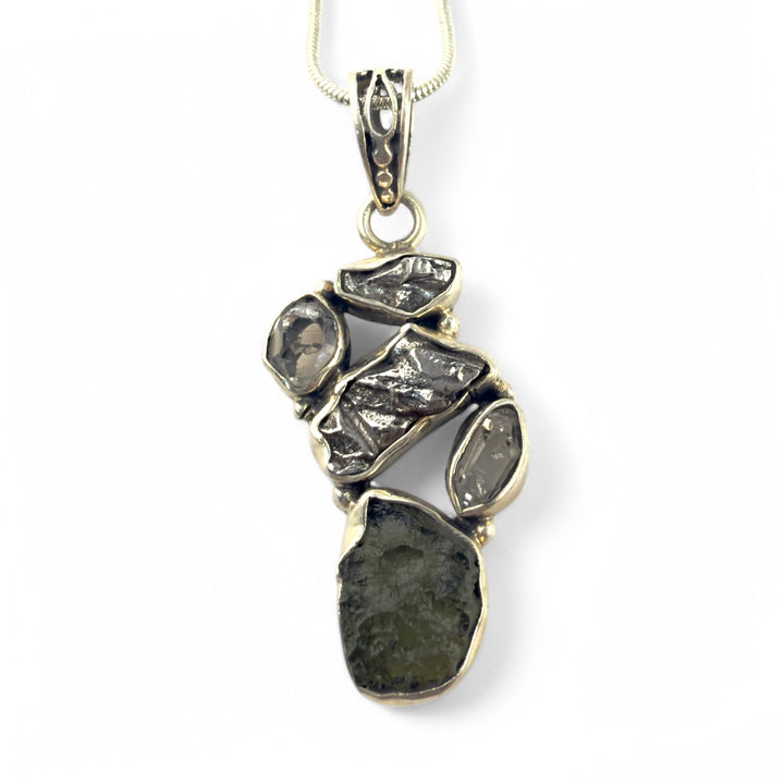 Moldavite Meteorite, Campo de Cielo Meteorite, &amp; Herkimer Diamond Sterling Silver Cluster Pendant - Keja Designs Jewelry