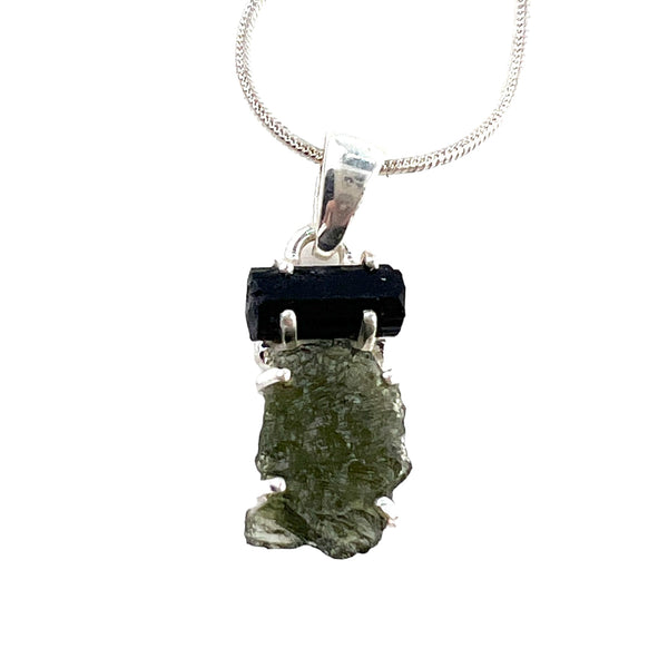Moldavite Meteorite & Tourmaline Sterling Silver Pendant - Keja Designs Jewelry