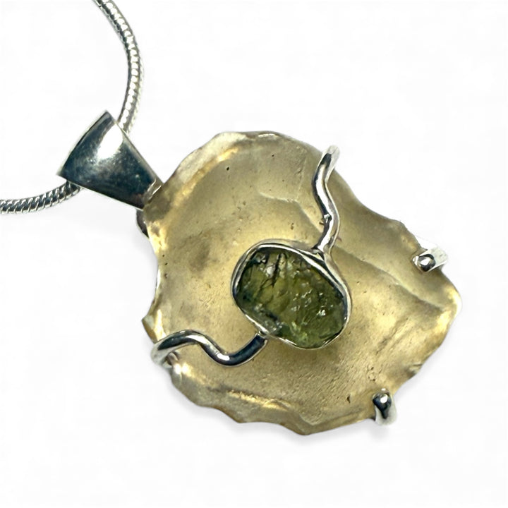 Dynamic Duo Libyan Desert Glass Meteorite &amp; Moldavite Sterling Silver Prong Set Pendant - Keja Designs Jewelry