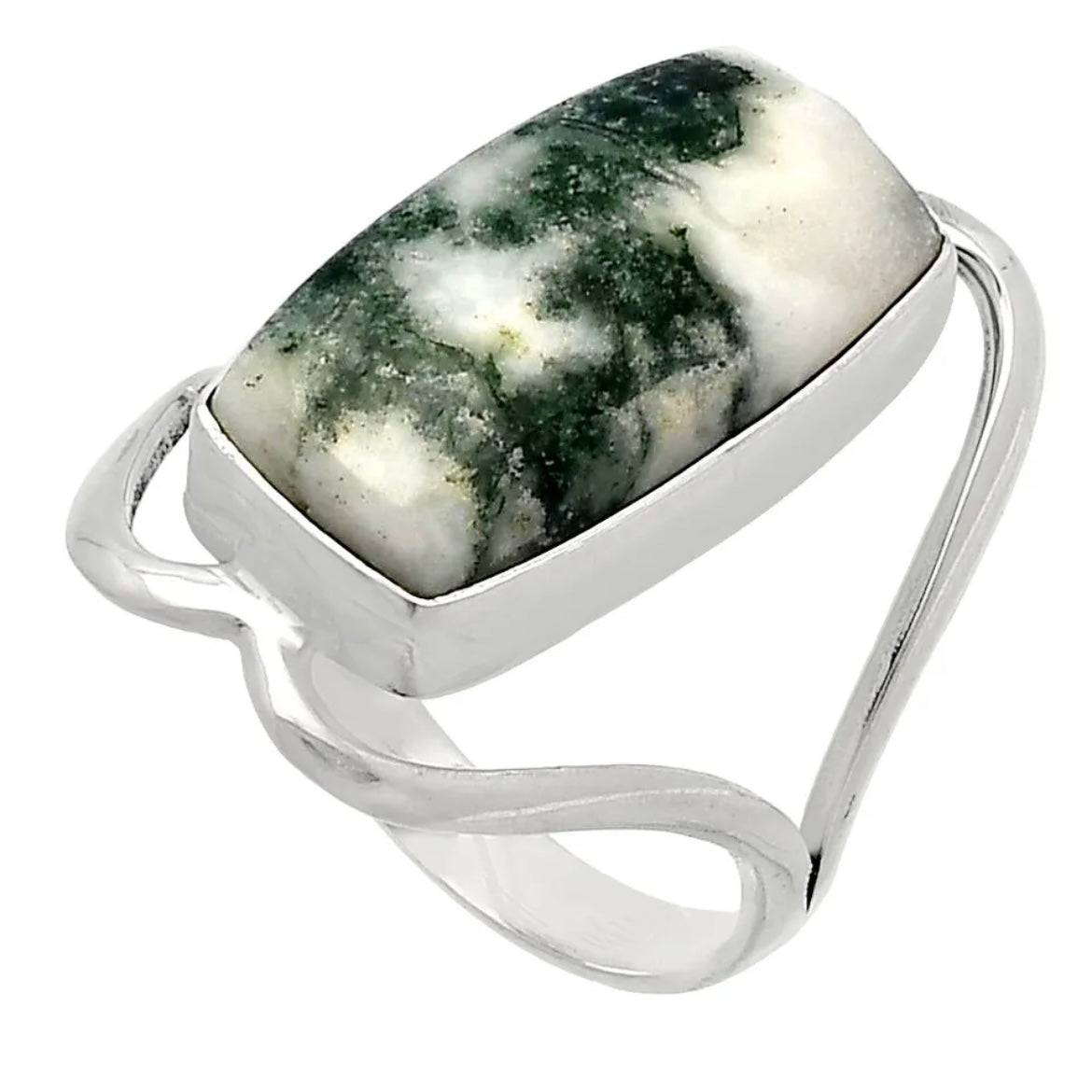 Moss Agate Sterling Silver Rectangular Ring - Keja Designs Jewelry