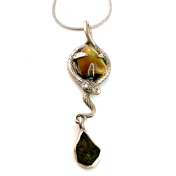 Moldavite & Ethiopian Opal Rough Sterling Silver Snake Pendant