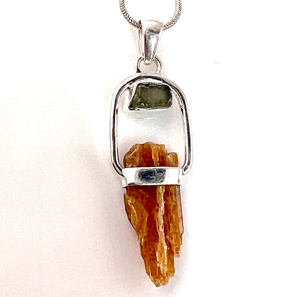 Orange Kyanite and Moldavite Rough Sterling Silver Pendant - Keja Designs Jewelry