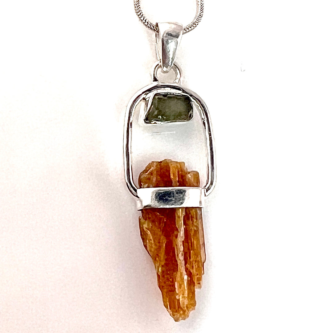 Orange Kyanite and Moldavite Rough Sterling Silver Pendant - Keja Designs Jewelry