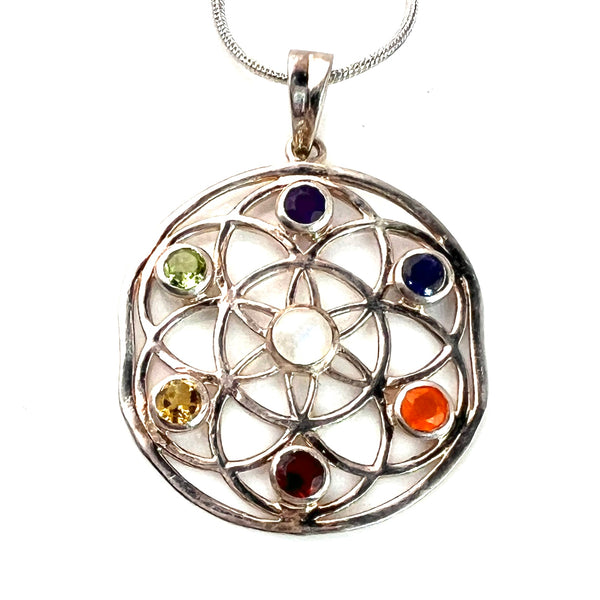 Chakra Multi-Stone Circular Sterling Silver Pendant - Keja Designs Jewelry