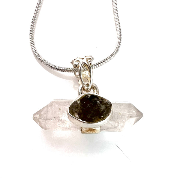 Moldavite Meteorite Rough & Clear Quartz Crystal Sterling Silver Line Pendant - Keja Designs Jewelry