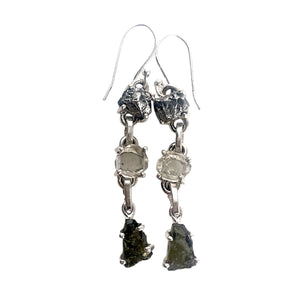 Moldavite Meteorite, Campo del Cielo Meteorite, & Herkimer Diamond Sterling Silver Earrings