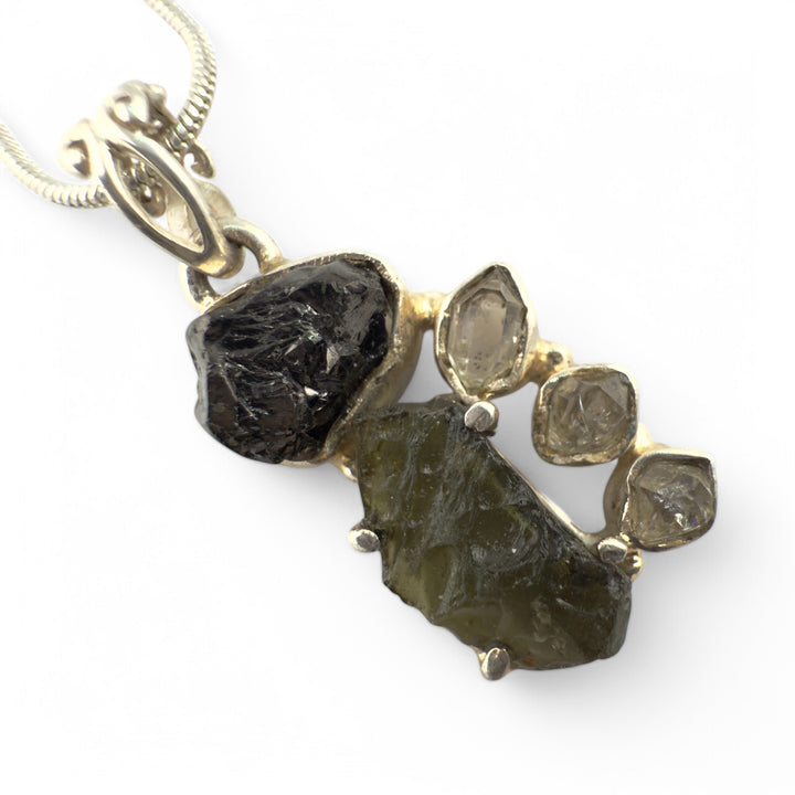 Moldavite Meteorite, Elite Shungite &amp; Herkimer Diamond Sterling Silver Pendant - Keja Designs Jewelry