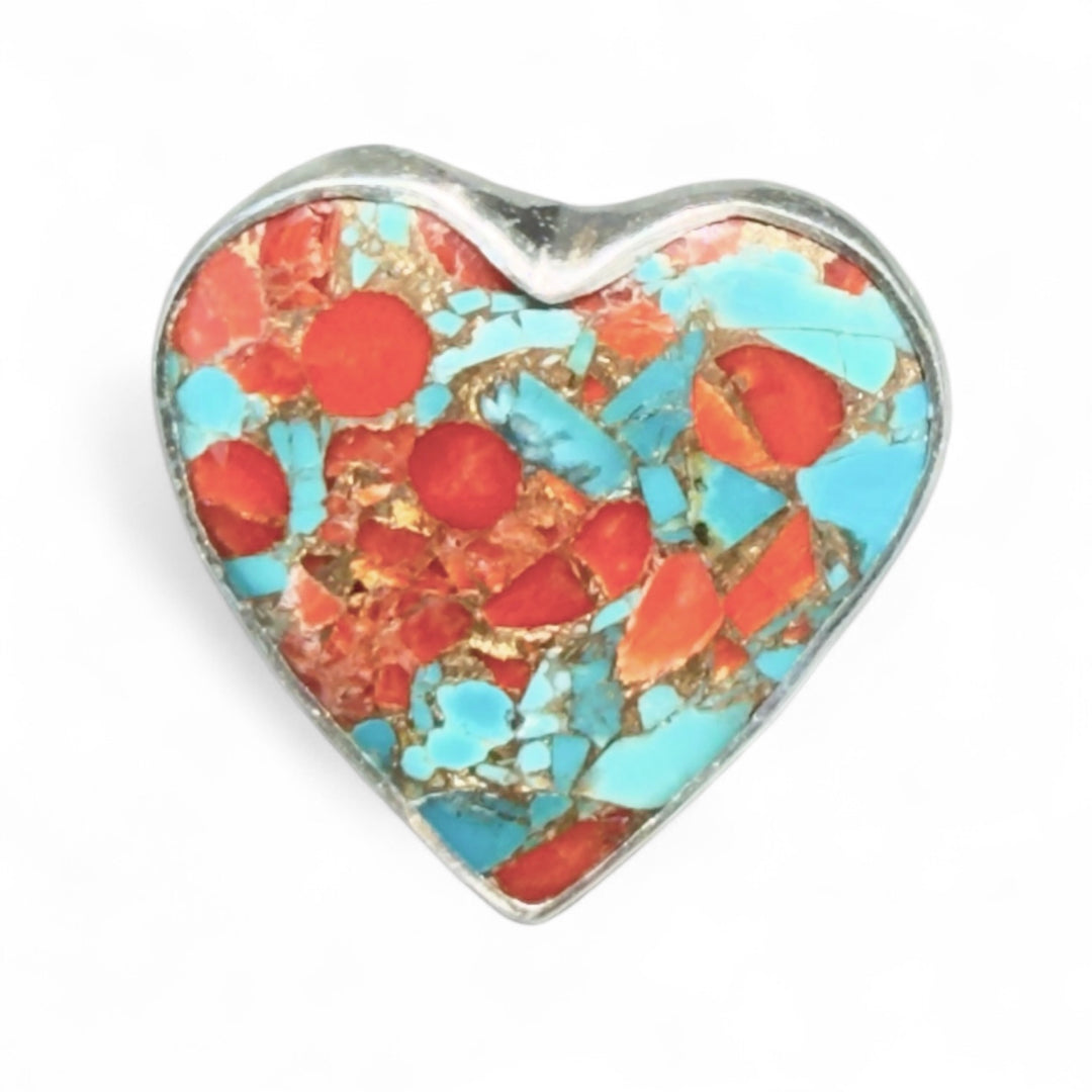 Kingman Turquoise & Coral Sterling Silver Adjustable Heart Ring - Keja Designs Jewelry