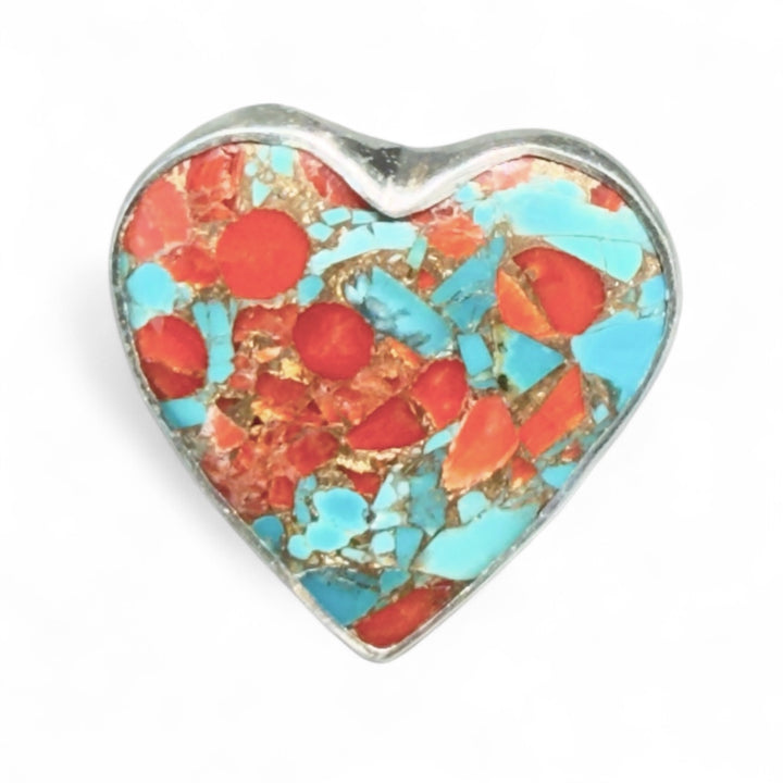 Kingman Turquoise &amp; Coral Sterling Silver Adjustable Heart Ring - Keja Designs Jewelry
