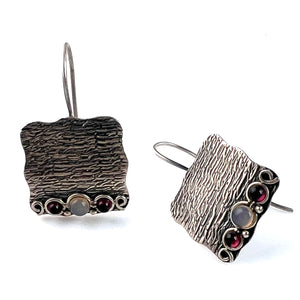 Garnet & Rose Quartz Textured Sterling Silver Earrings - Keja Designs Jewelry