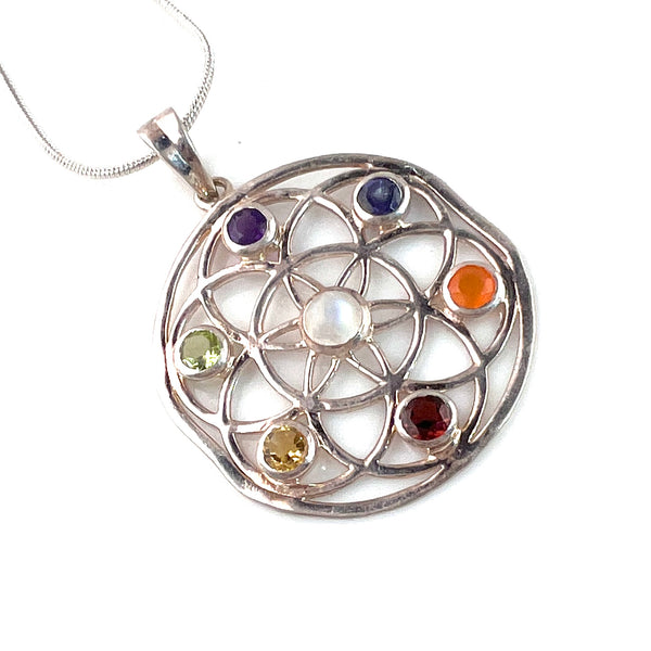 Chakra Multi-Stone Circular Sterling Silver Pendant - Keja Designs Jewelry